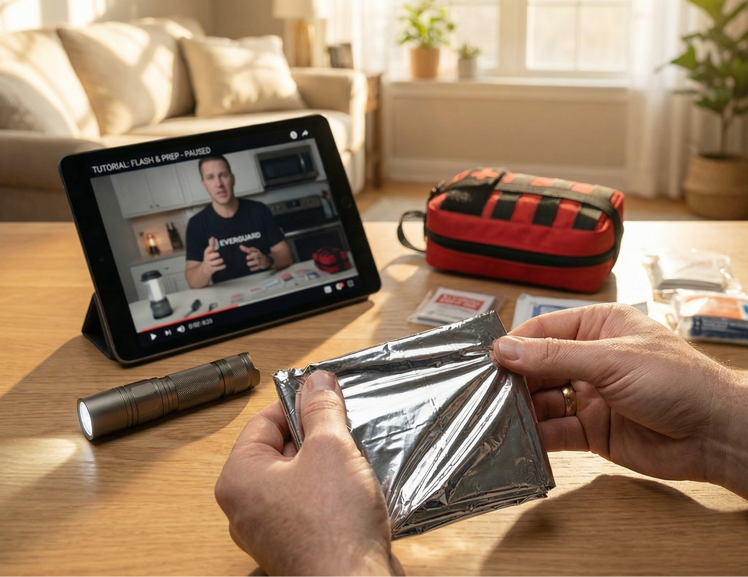 Person holding a package in front of a tablet displaying a tutorial, with a first aid kit on a table in a bright room.