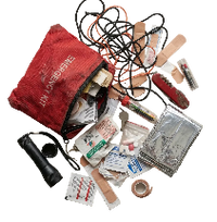 Emergency kit with various supplies on a concrete floor