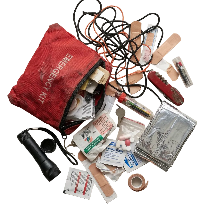Emergency kit with various supplies on a concrete floor